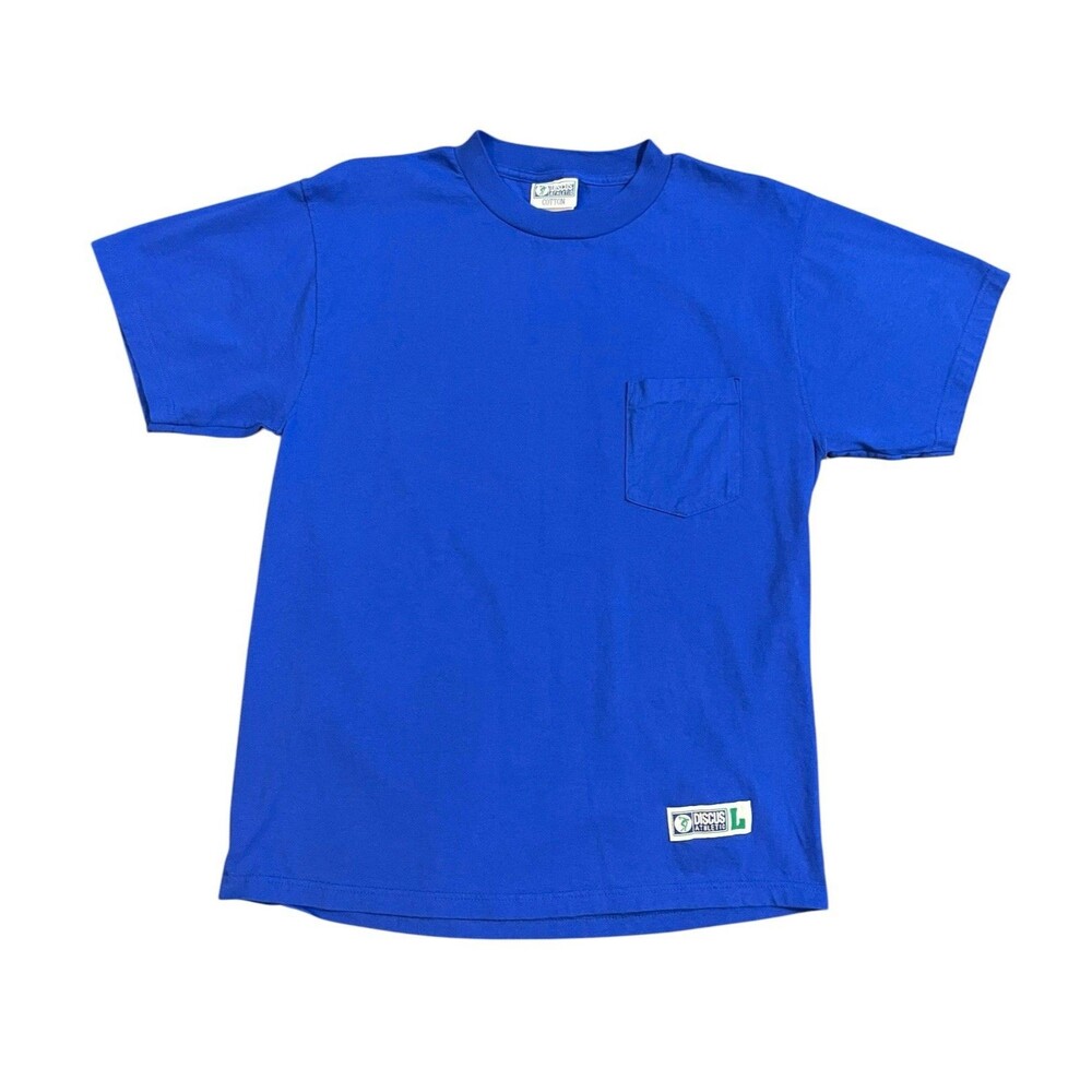 Vintage 90s Discus Athletic Blue Blank Pocket Tee Shirt Size Large Made In USA